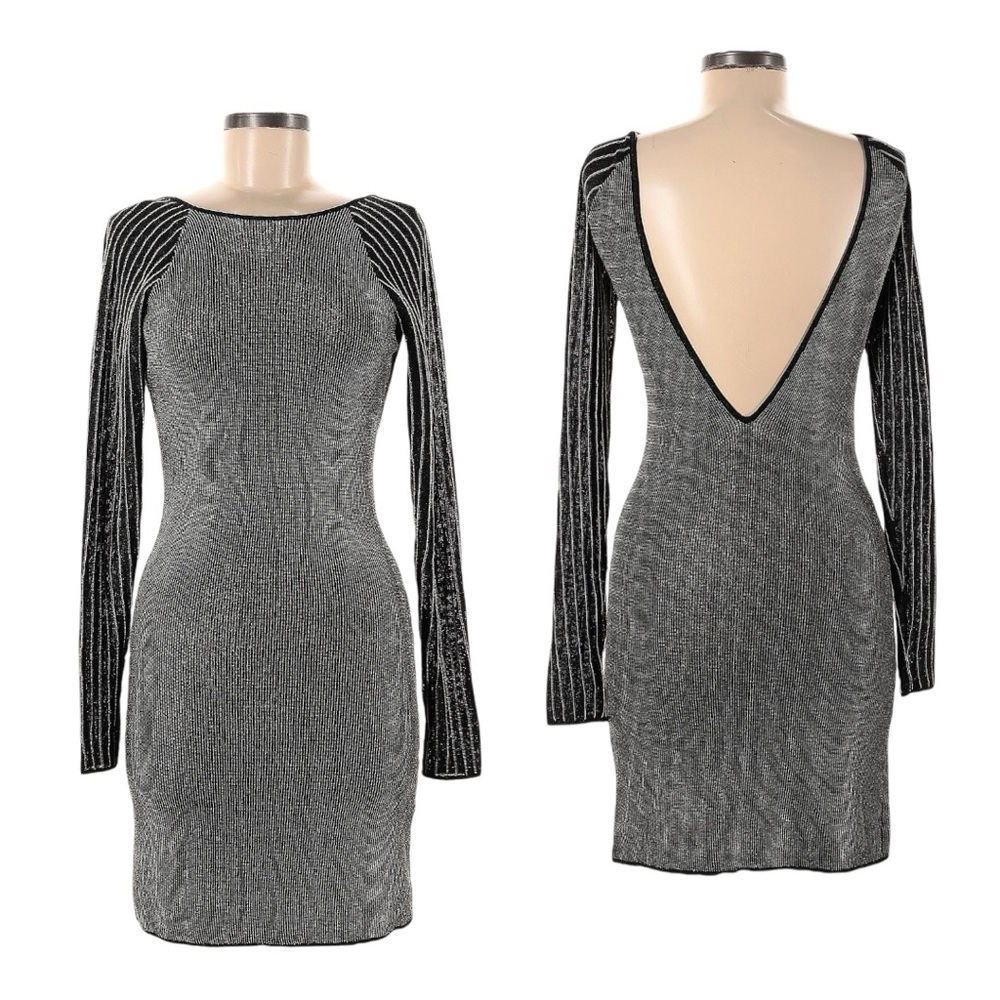 REISS Marina Dress M NWT Metallic Black Gold Ribbed Knit Low Back Bodycon Party
